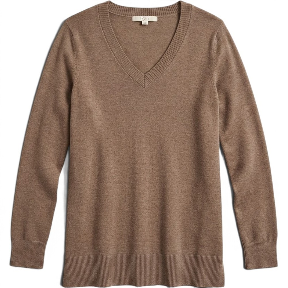 Loft Womens XL V-Neck Sweater Taupe Brown Long Sleeve Knit Pullover Scandi Style